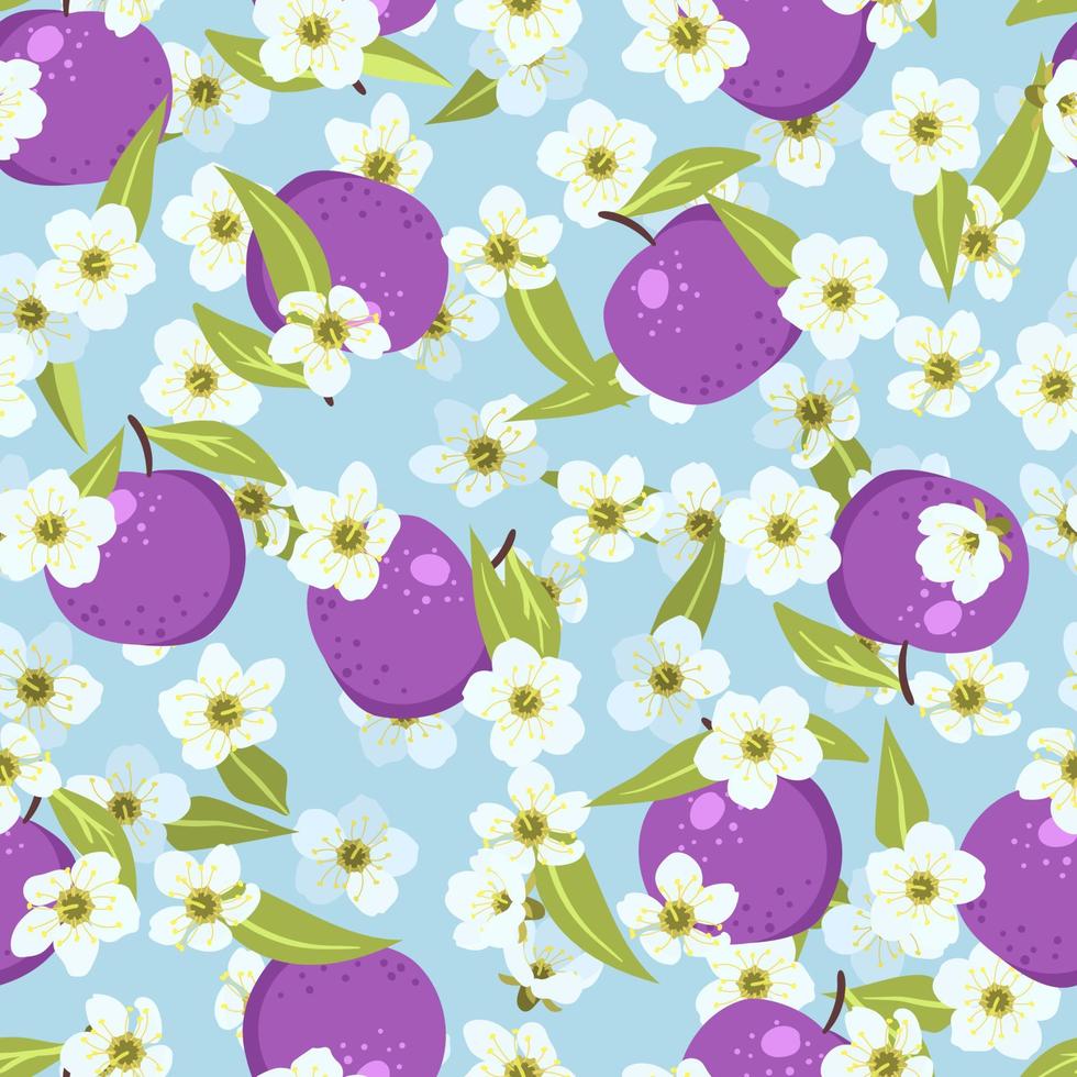 Seamless cute summer plum pattern with fruits, leaves, white flowers background. Vector illustration spring cover, wallpaper texture, wrapping backdrop, vintage packaging.