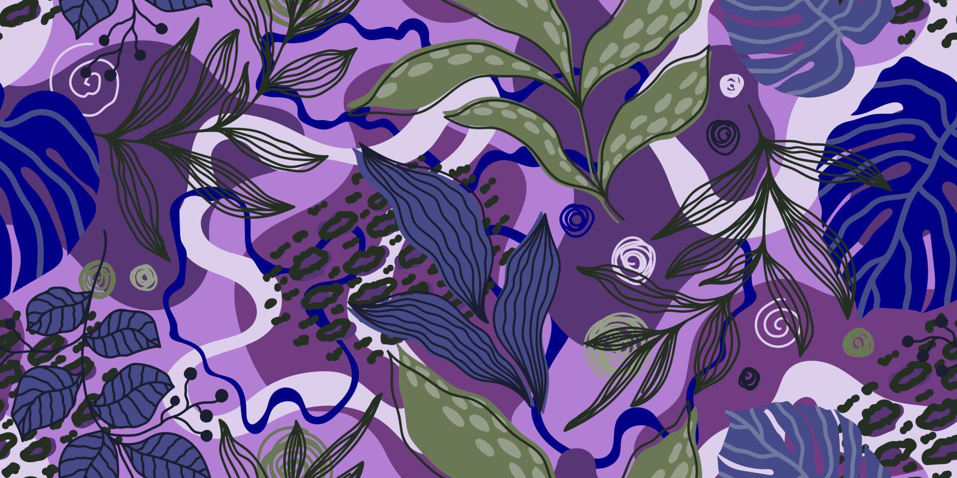 VECTOR SEAMLESS PURPLE BANNER WITH COLORFUL TROPICAL LEAVES