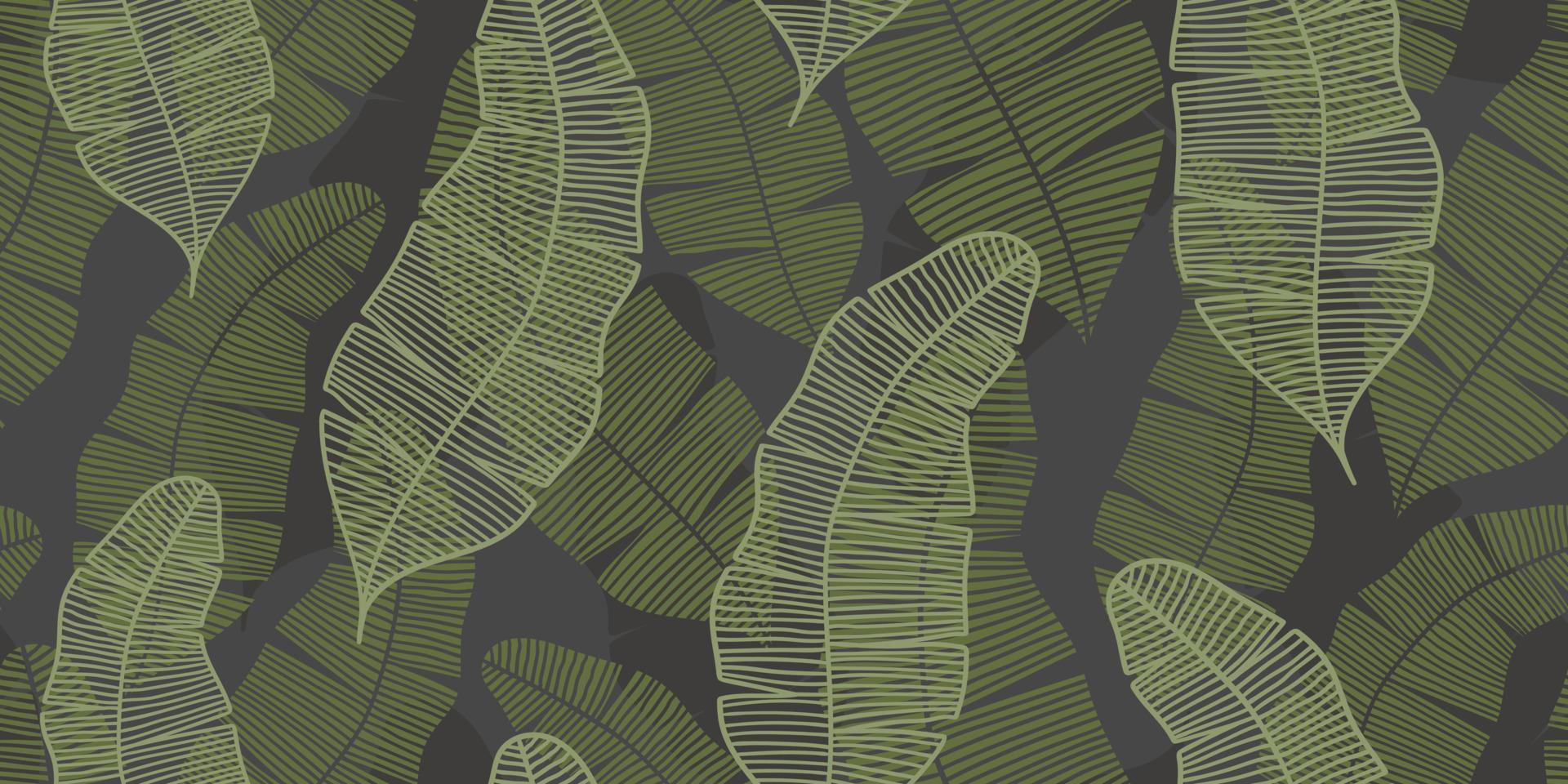 ABSTRACT VECTOR SEAMLESS GRAY BANNER WITH GREEN AND OLIVE BANANA LEAVES