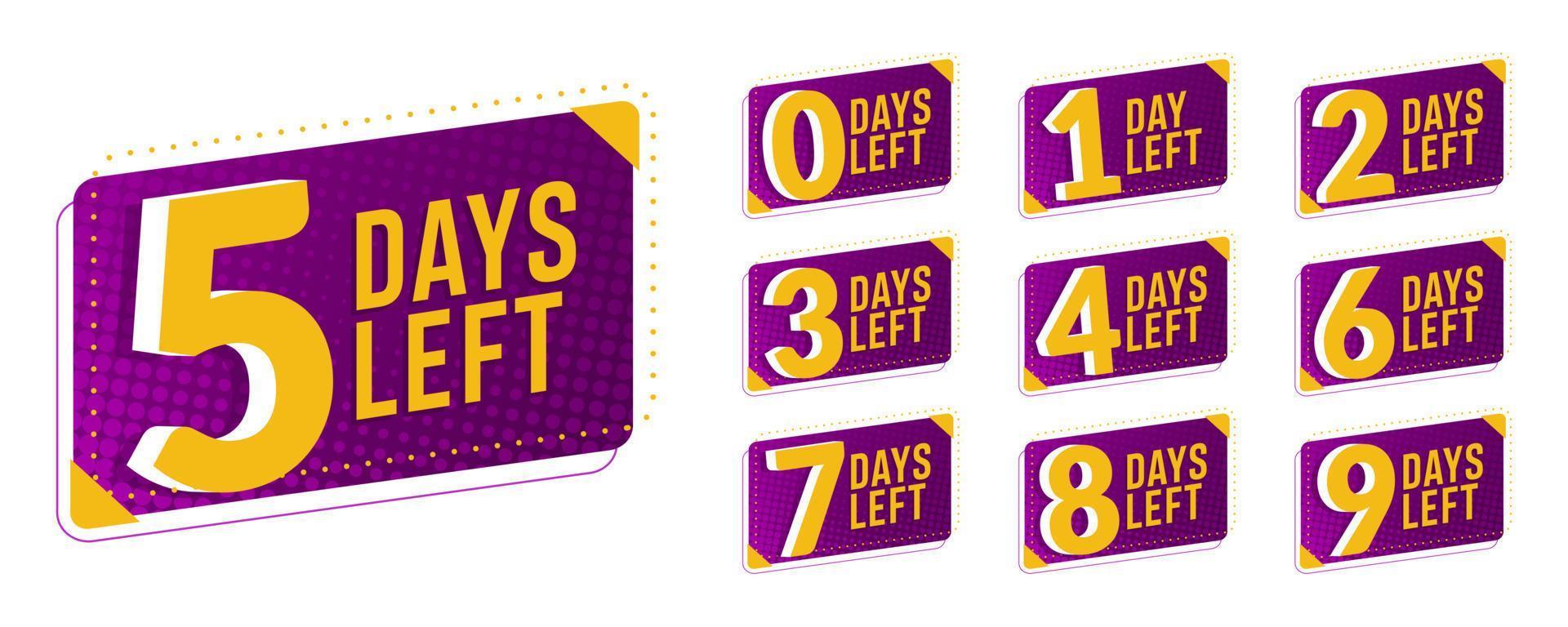 Flashing yellow and purple days left. Stickers and banners timer pack. vector