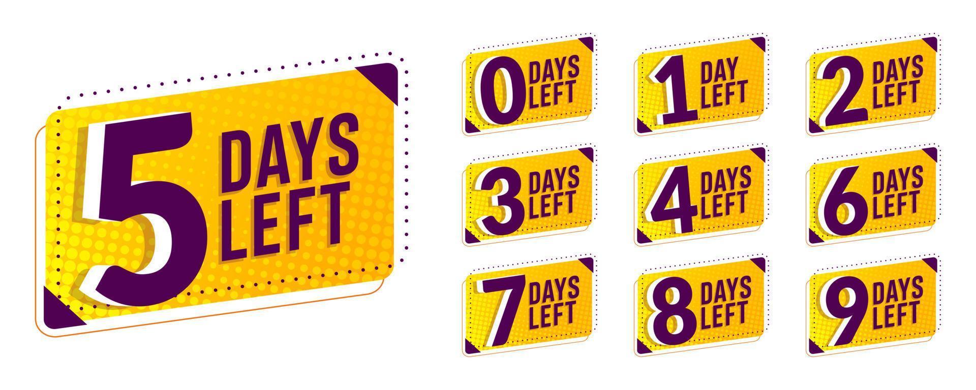 Flashing yellow and purple days left. Stickers and banners timer pack. vector