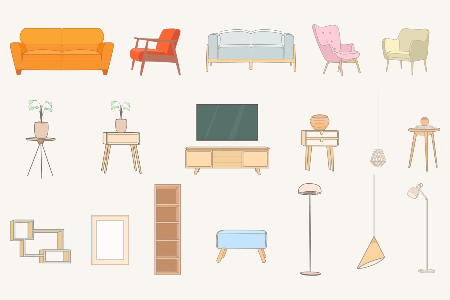 interior furniture illustration set, household furniture in the room. vector