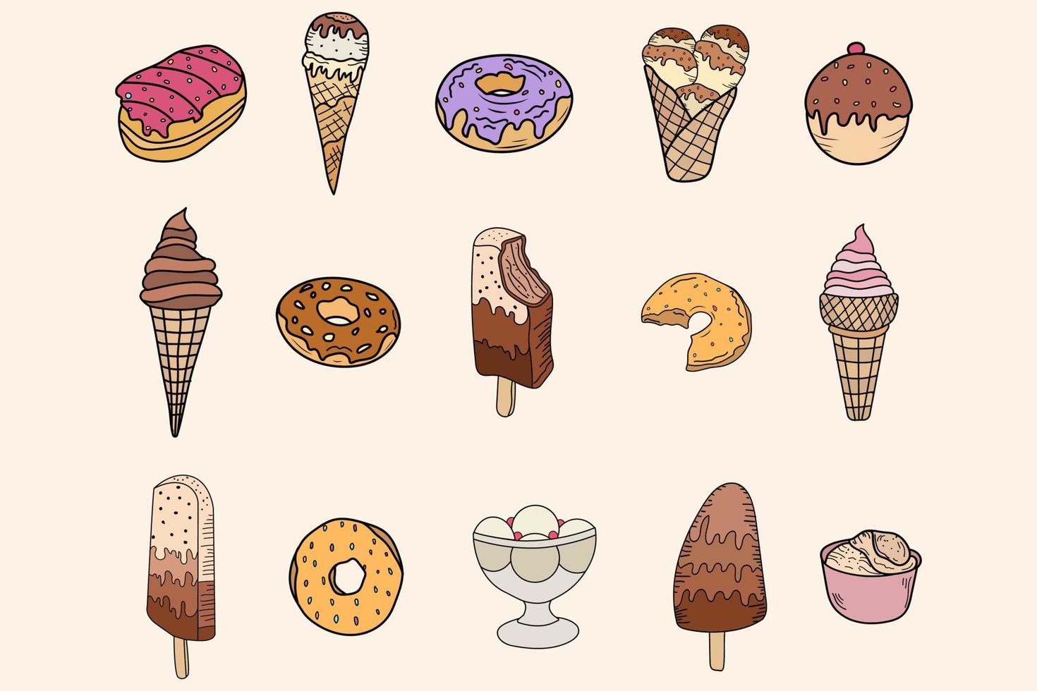 ilustración de un conjunto de donuts y helados. vector