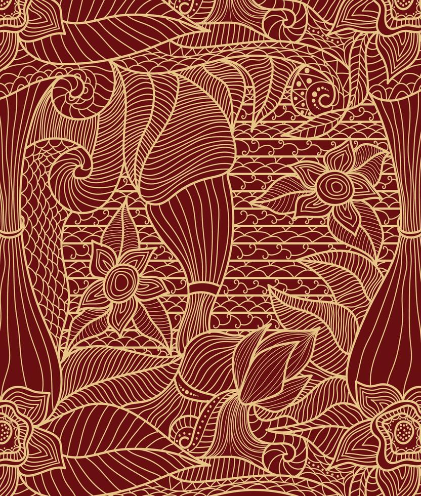 Resumen floral para tela textil, estilo étnico abstracto de arte lineal, color dorado y rojo. vector