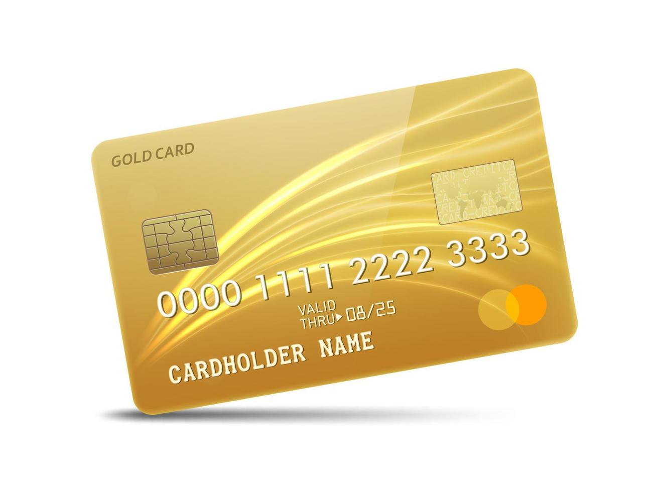 Detailed glossy gold credit card with wavy neon light decoration, isolated on white background. Vector Illustration