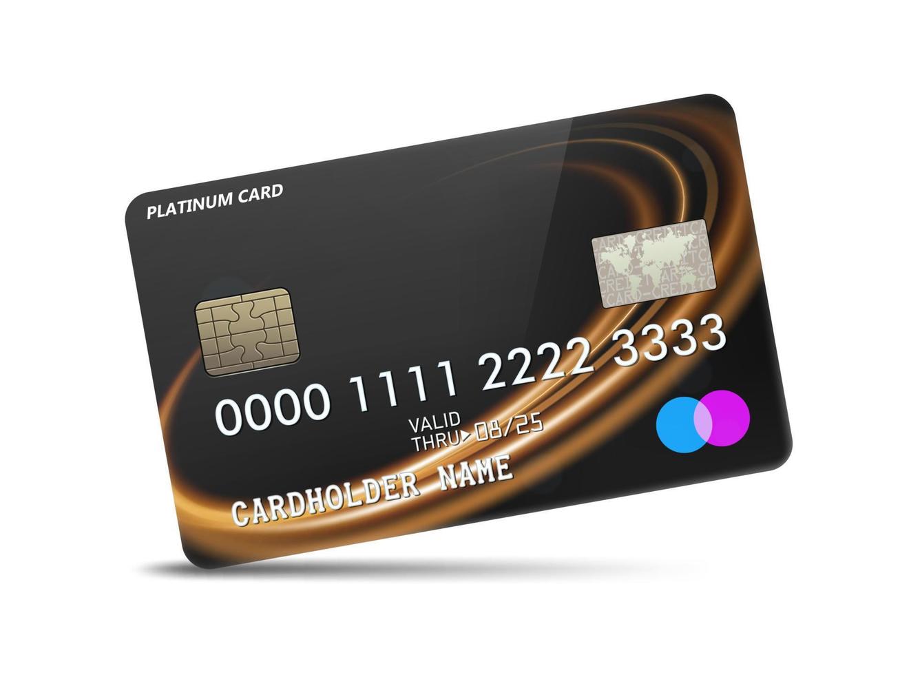 Detailed glossy platinum credit card with wavy neon light decoration, isolated on white background. Vector Illustration