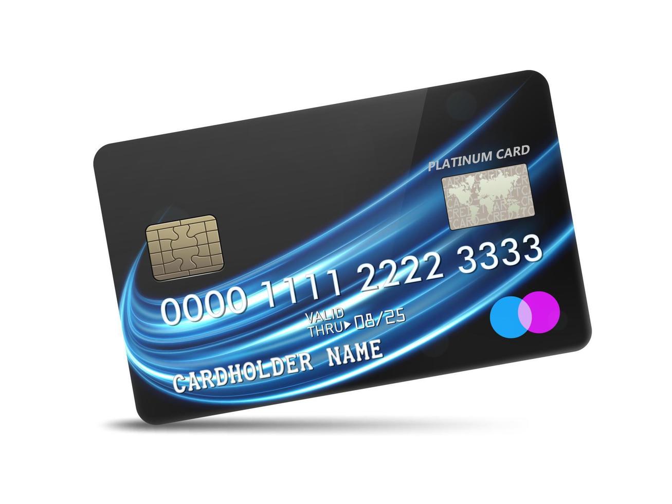 Detailed glossy platinum credit card with wavy neon light decoration, isolated on white background. Vector Illustration