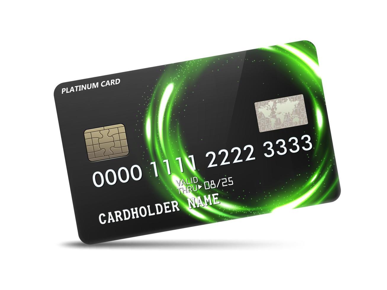 Detailed glossy platinum credit card with wavy neon light decoration, isolated on white background. Vector Illustration