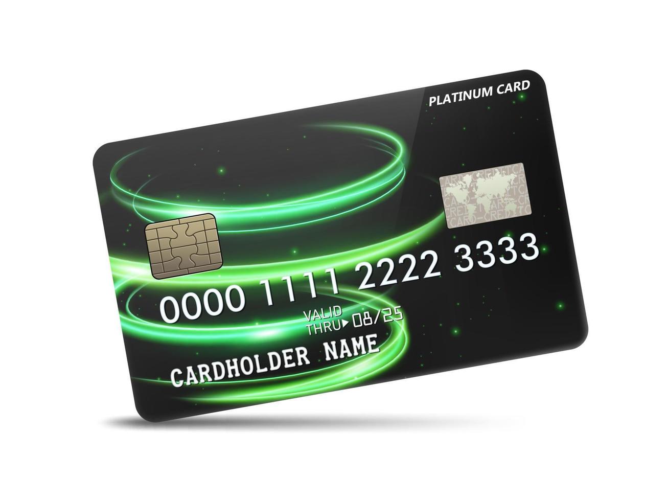 Detailed glossy platinum credit card with wavy neon light decoration, isolated on white background. Vector Illustration