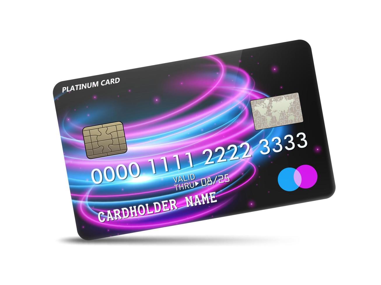 Detailed glossy platinum credit card with wavy neon light decoration, isolated on white background. Vector Illustration