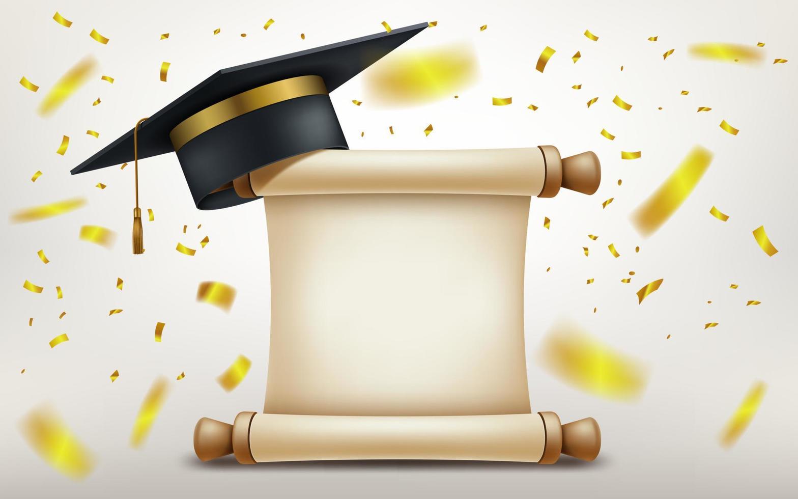 Realistic graduation cap and paper scroll, mortar academic cap with falling gold confetti. Vector Illustration