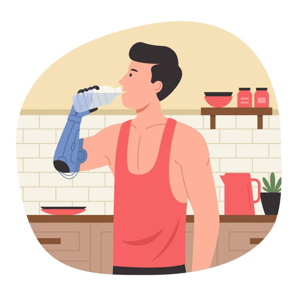hombre con prótesis de brazo bebiendo agua vector