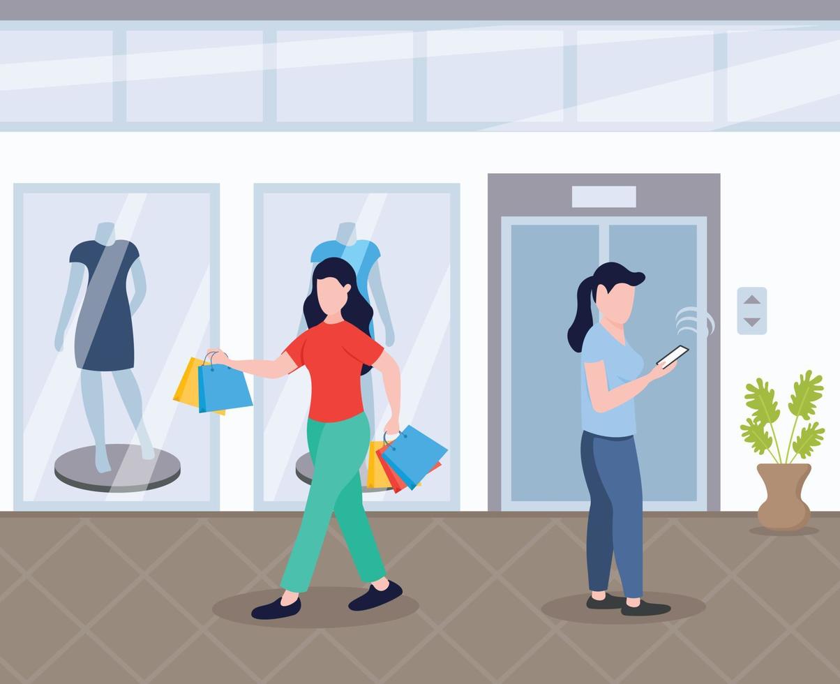 Persons at a shopping mall, flat illustration vector