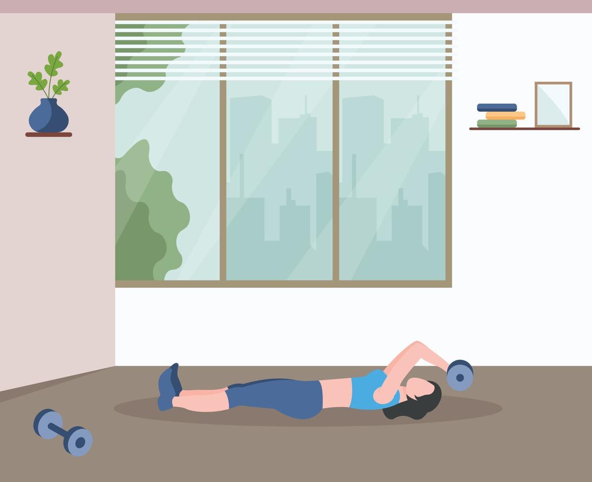Female with dumbbell, chest fly pose vector illustration