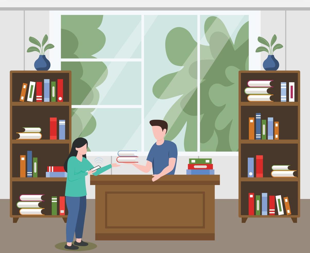 tomando libros de la biblioteca, ilustración plana vector