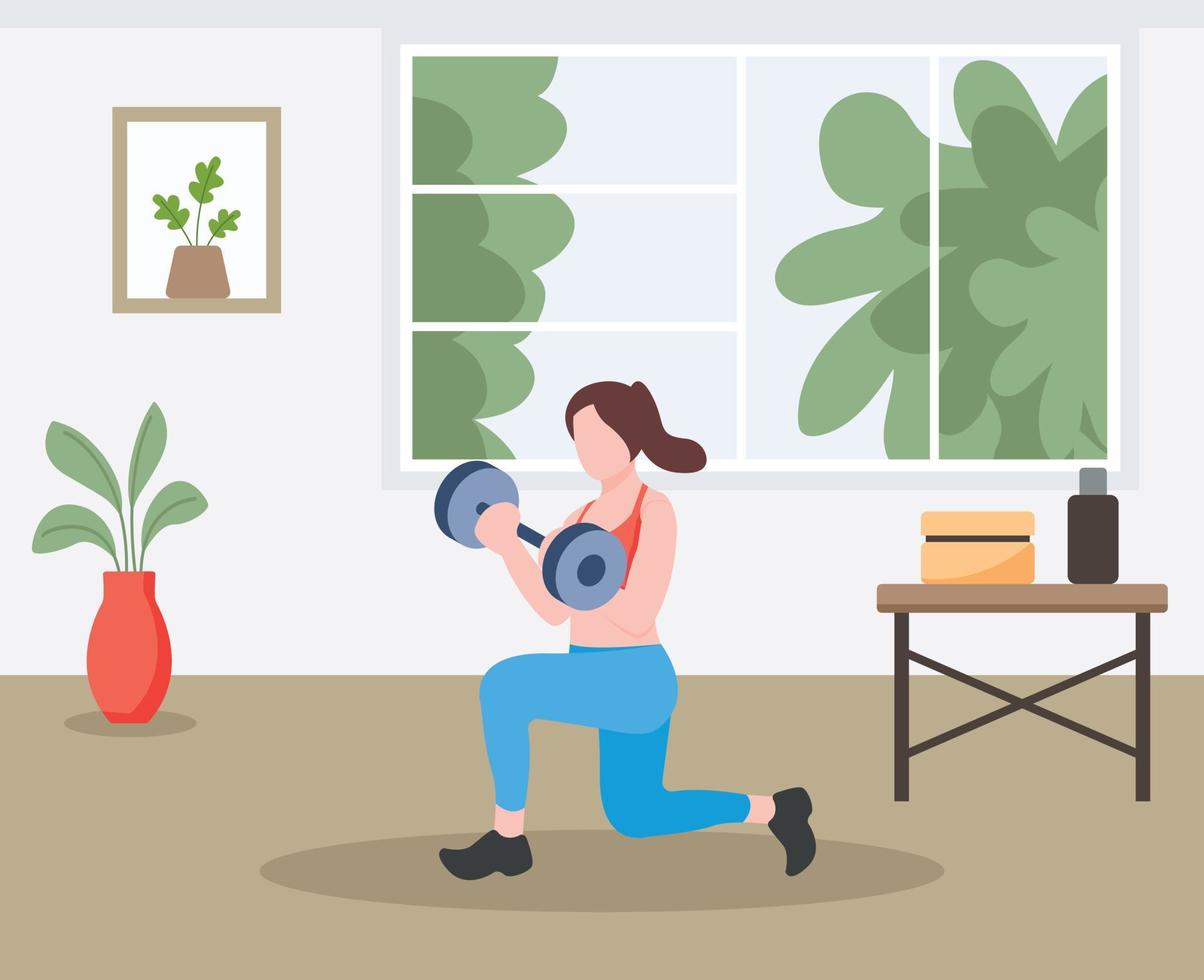 Female with dumbbell, chest fly pose vector illustration