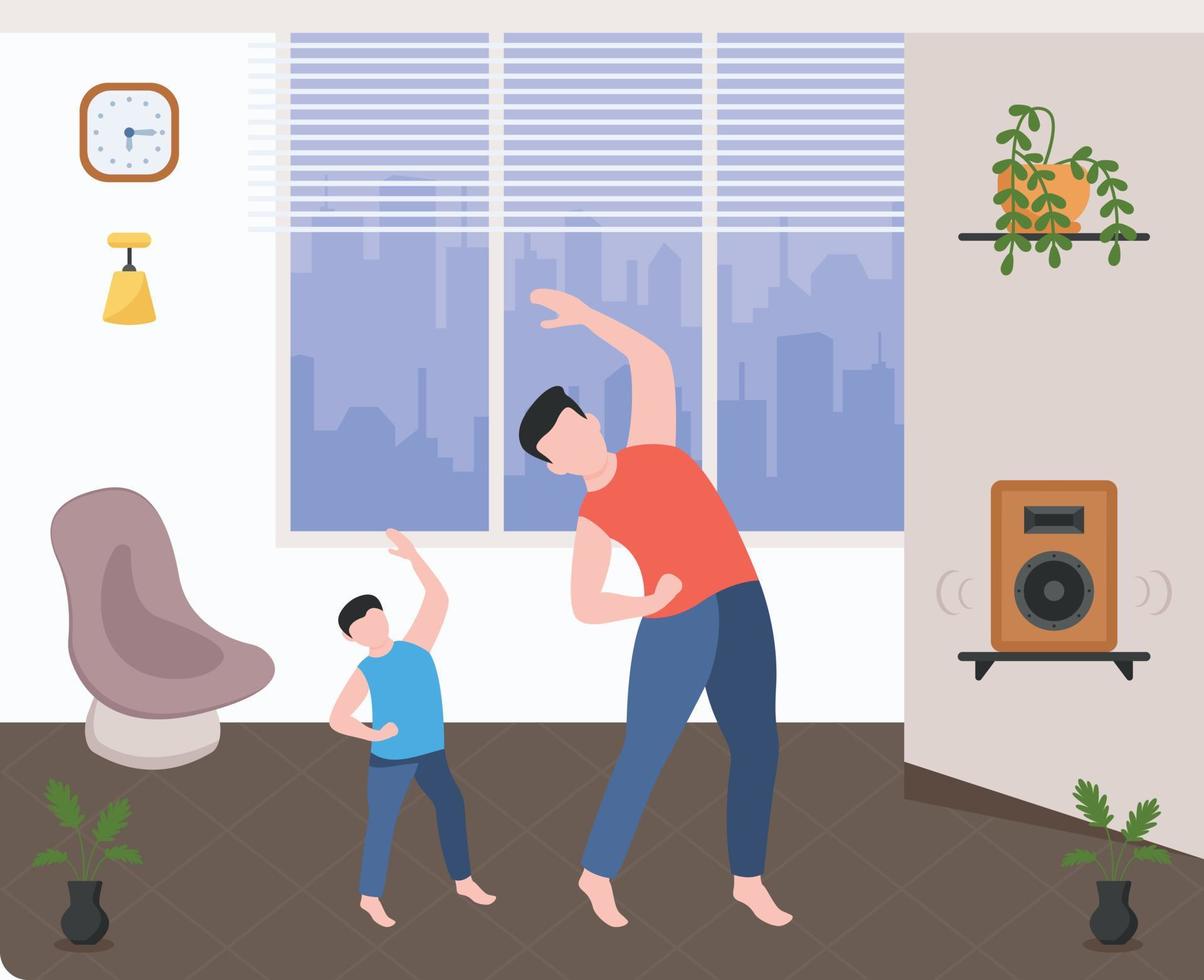 Son and dad doing aerobics, flat illustration vector