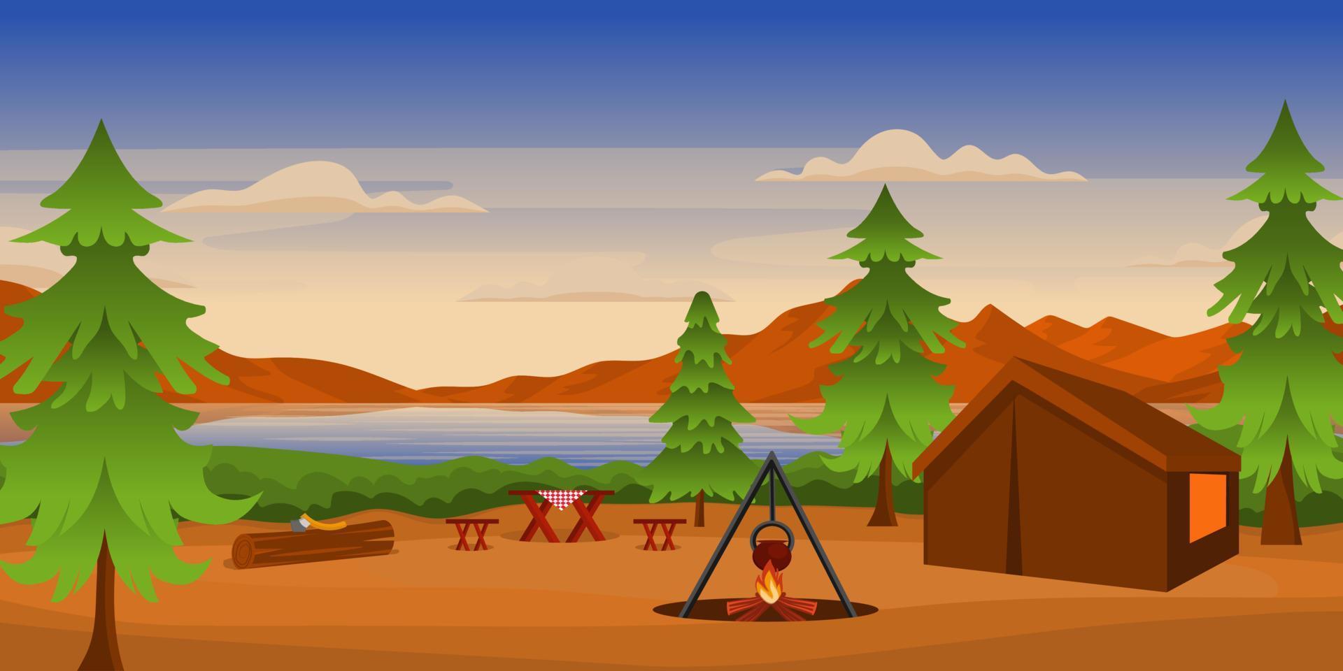 un camping con hermosos árboles, vector de fondo