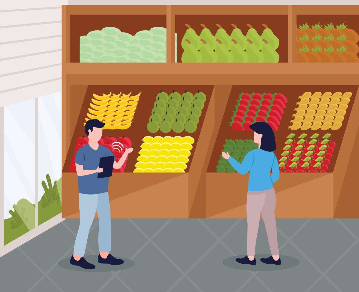 una dama comprando frutas en una tienda, ilustración plana vector