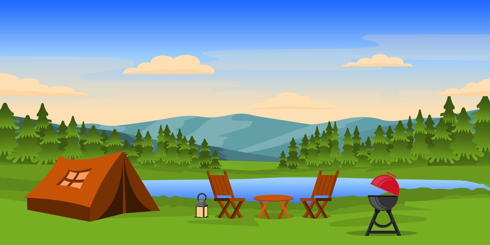 un camping con hermosos árboles, vector de fondo