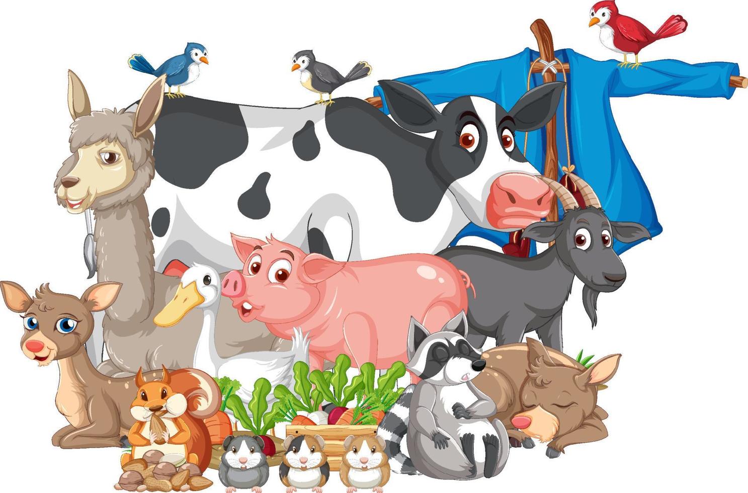 grupo de animales de granja sentados junto al espantapájaros vector