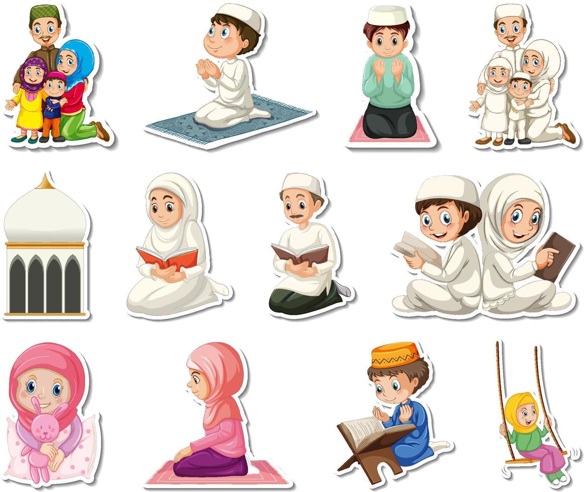 Sticker set of Islamic religious symbols and cartoon characters vector