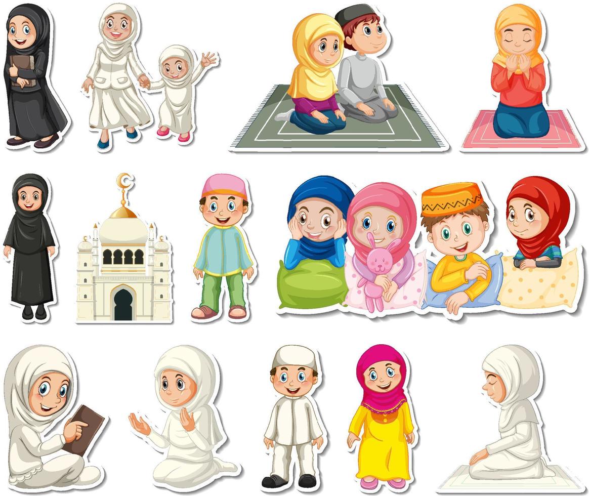 conjunto de pegatinas de símbolos religiosos islámicos y personajes de dibujos animados vector