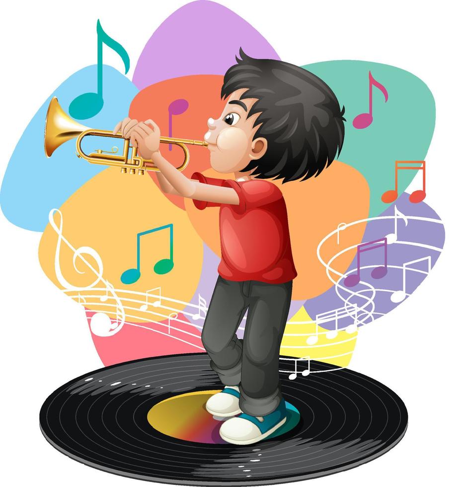 un niño tocando la trompeta y los símbolos de la melodía musical vector