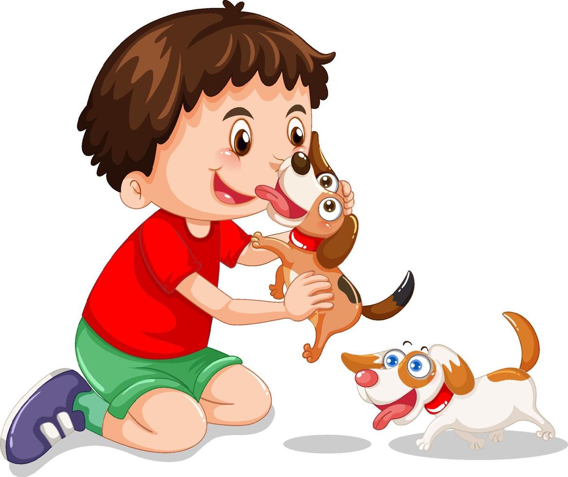 un niño jugando con sus perros vector