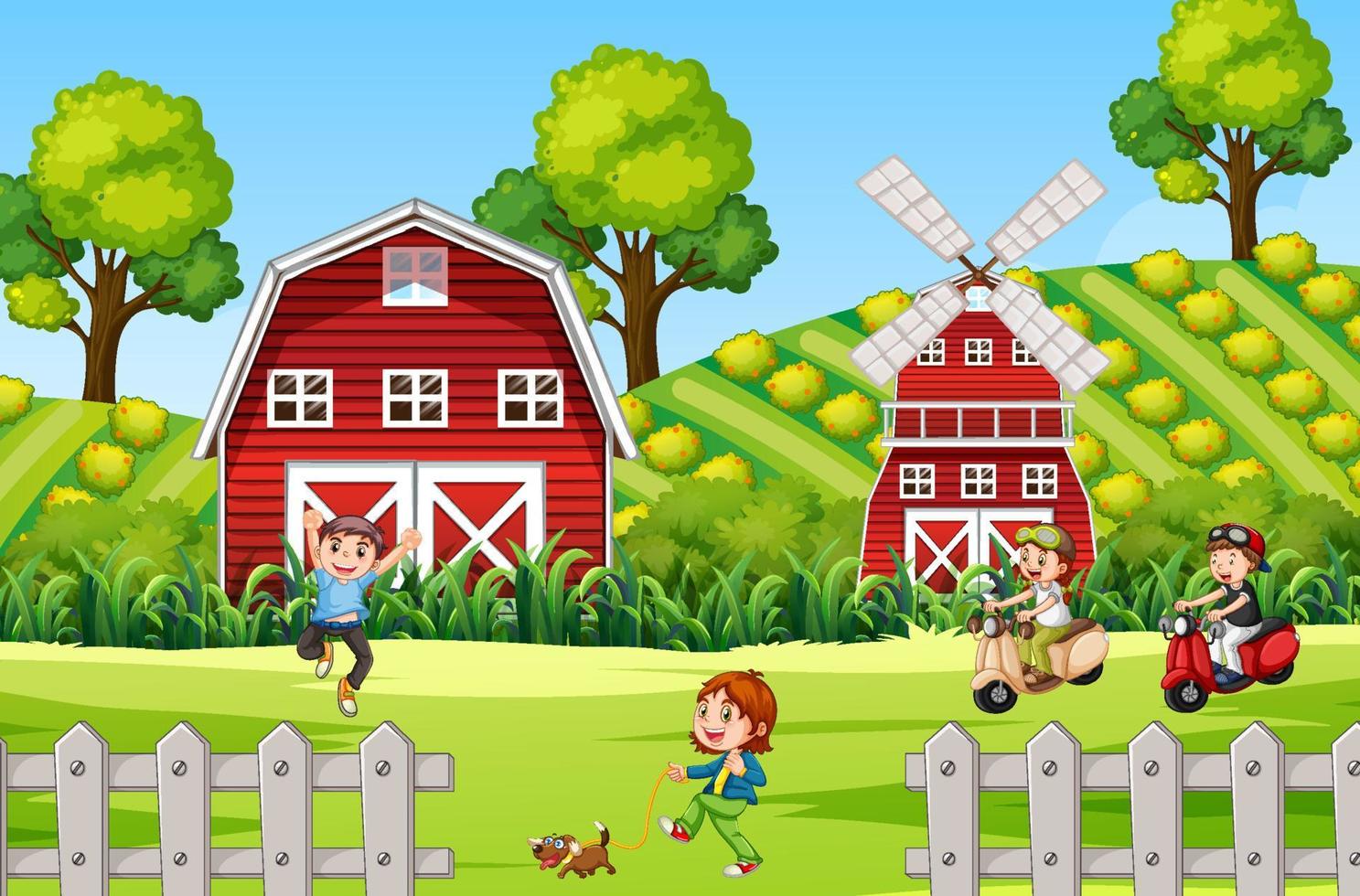 niños felices en el paisaje de la granja vector