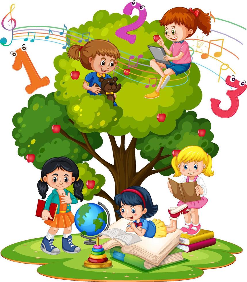 A children are reading books on a stack of books in garden scene vector