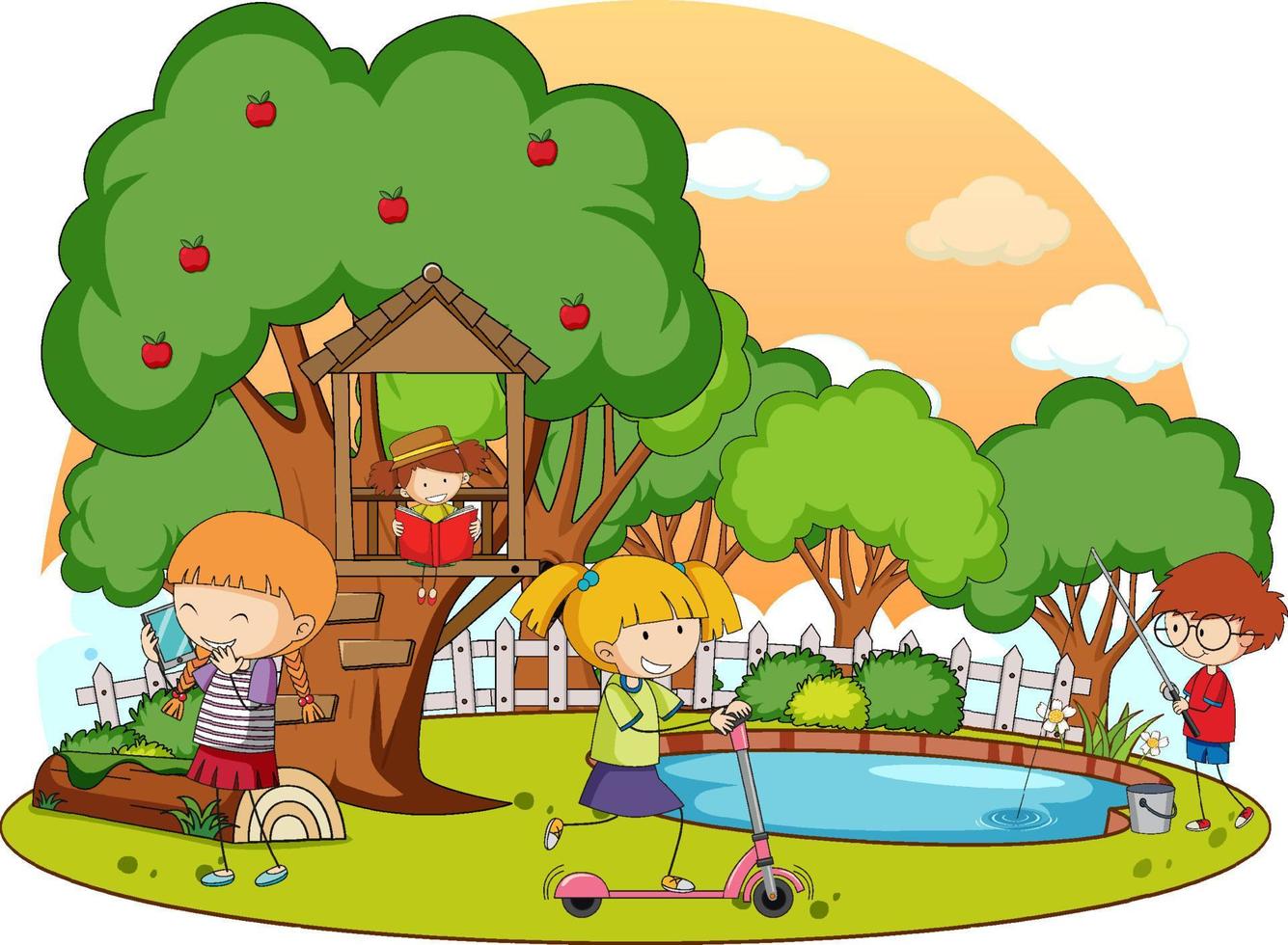 A simple tree house with kids in nature background vector