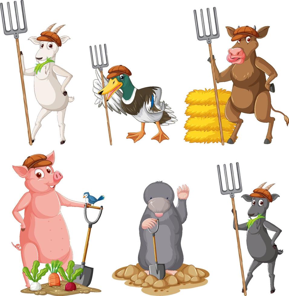 animales de granja con tenedor y pala vector