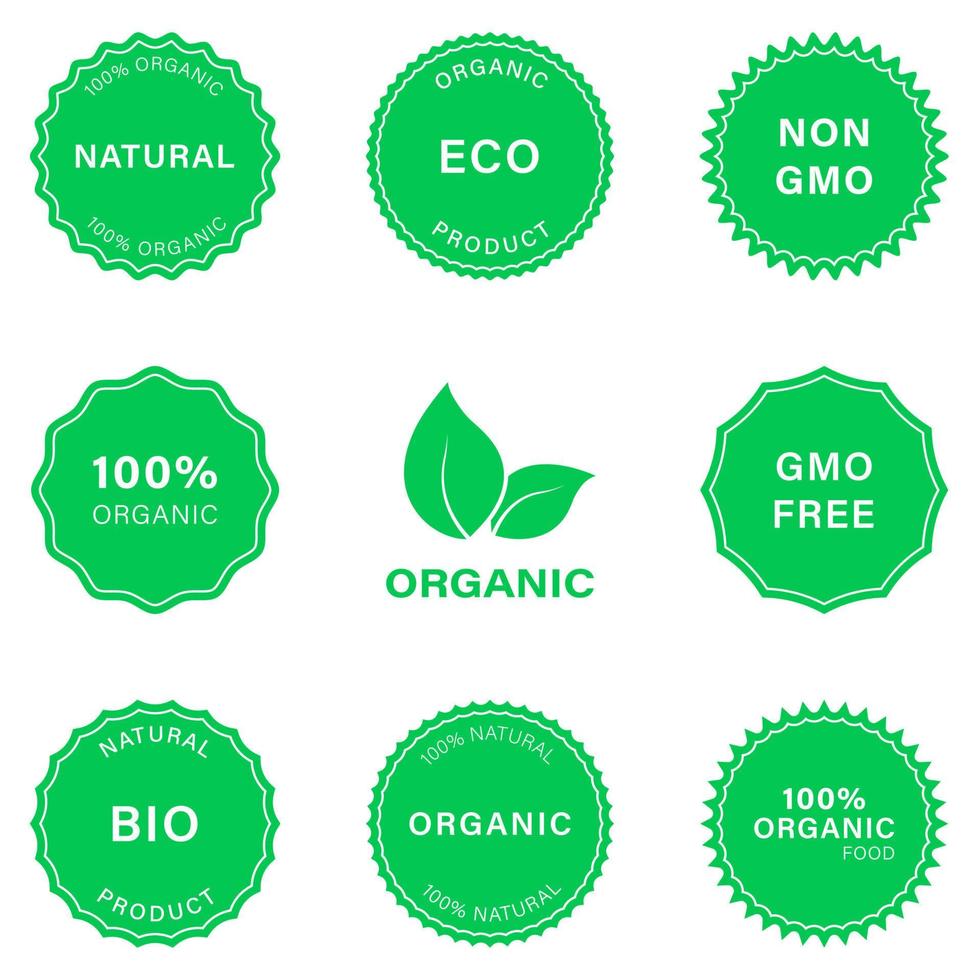 Natural Product Eco Stamp Silhouette Icon Set. Non Gmo Green Badge. Healthy Organic Vegan Food Pictogram. 100 Percent Ecology Product Logo. Bio Sticker. Gmo Free Label. Isolated Vector Illustration.