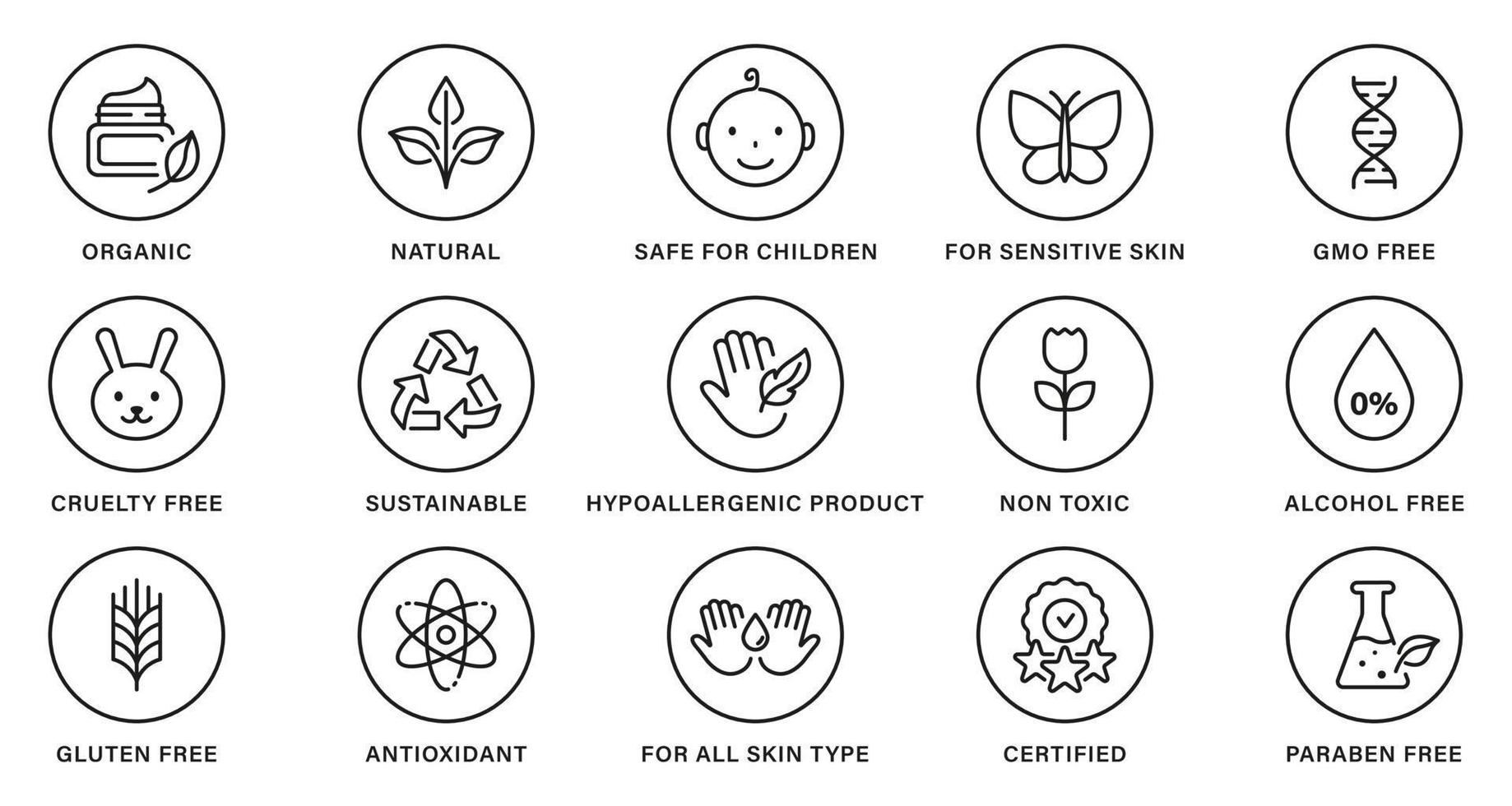 Natural Healthy Eco Bio Food, Cruelty Free, Non Alcohol and Paraben Label. Cosmetic Organic Product Line Black Set Stamp. Nature Sustainable Product Outline Sticker. Isolated Vector Illustration.
