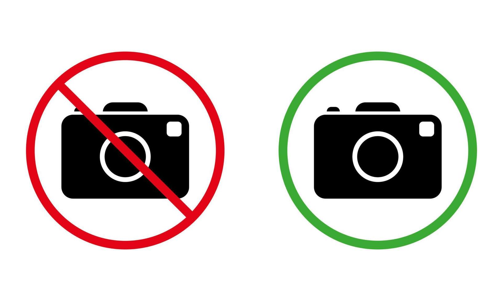 Photo Camera Zone Black Silhouette Icon. Notice Photography Allowed Area. Alert Camera Capture Zone Place Red Green Circle Symbol. No Photograph Camera Sign. Isolated Vector Illustration.