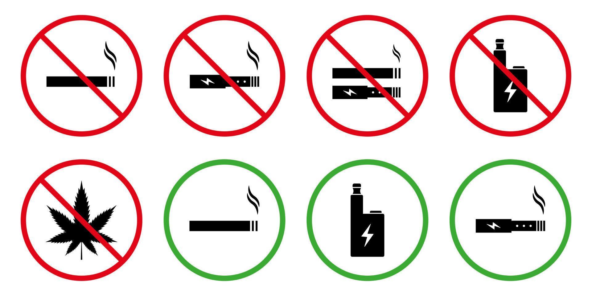 conjunto de señales de área de humo prohibido. zona de prohibición fumar cannabis drogas vaping cigarrillo electrónico silueta icono. detener el pictograma prohibido del área de humo. permitir fumar señal verde. ilustración vectorial aislada. vector