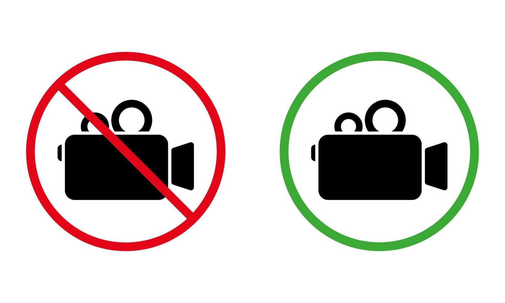 Notice Recording Video Allowed Area Black Silhouette Icon Set. Video Camera Zone Ban Sign. Alert Video Camera Recording Zone Place Red Green Symbol. Warning No Camcorder. Isolated Vector Illustration.