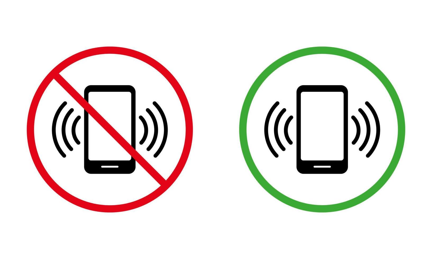 conjunto de iconos de silueta negra de llamada de teléfono móvil. zona de prohibición de teléfonos celulares coloque el signo redondo rojo prohibido. use el símbolo verde del área permitida del teléfono inteligente. Advertencia por favor no hables. ilustración vectorial aislada. vector