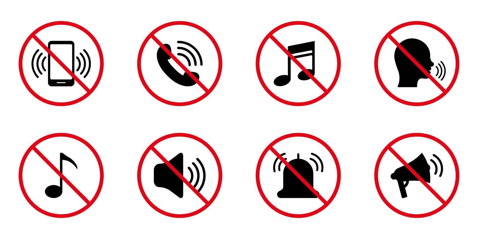 Silence Mute Black Silhouette Icon Set. Forbidden Loud Sound Voice Pictogram. Ban Noise Phone Loudspeaker Sound Red Stop Symbol. Call Prohibited Notice. Quiet Mode Icon. Isolated Vector Illustration.