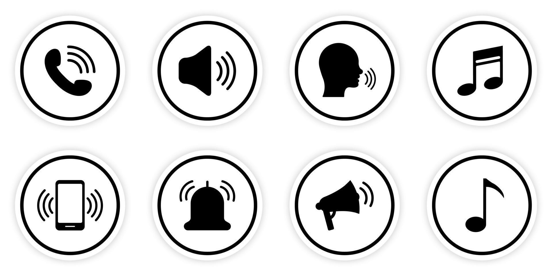 Sound Loudspeaker Mobile Phone Handset Musical Note Human Black Round Button Silhouette Icon Set. Call Notification Volume Pictogram. Speak Zone Area Flat Symbol. Isolated Vector Illustration.