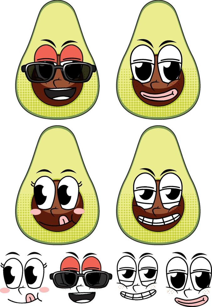 conjunto de dibujos animados de estilo vintage de expresión facial con aguacate sobre fondo blanco vector