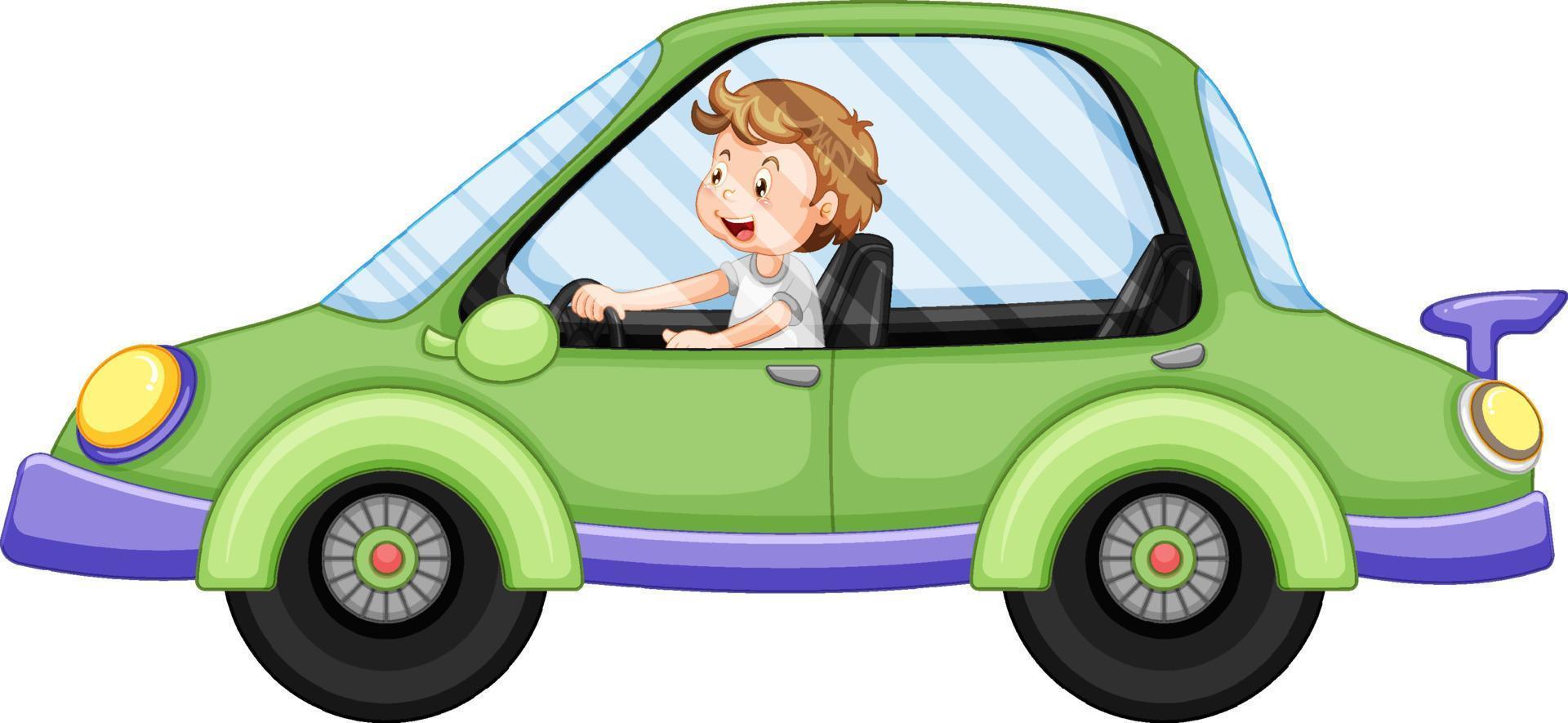 niño de dibujos animados conduciendo un coche verde vector