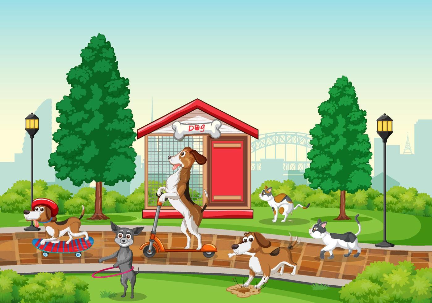 A group of different dog do various activities in the park vector