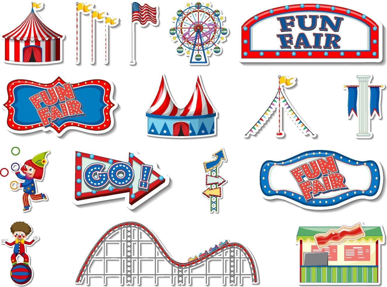 Sticker set of amusement park and fun fair objects vector