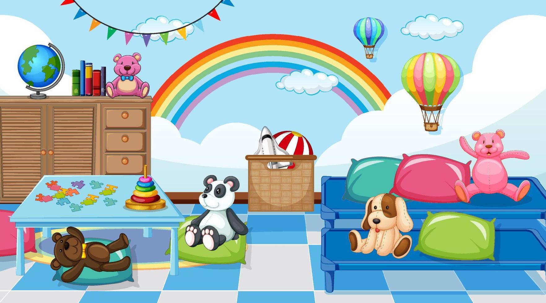 Empty kindergarten classroom interior with many kid toys vector