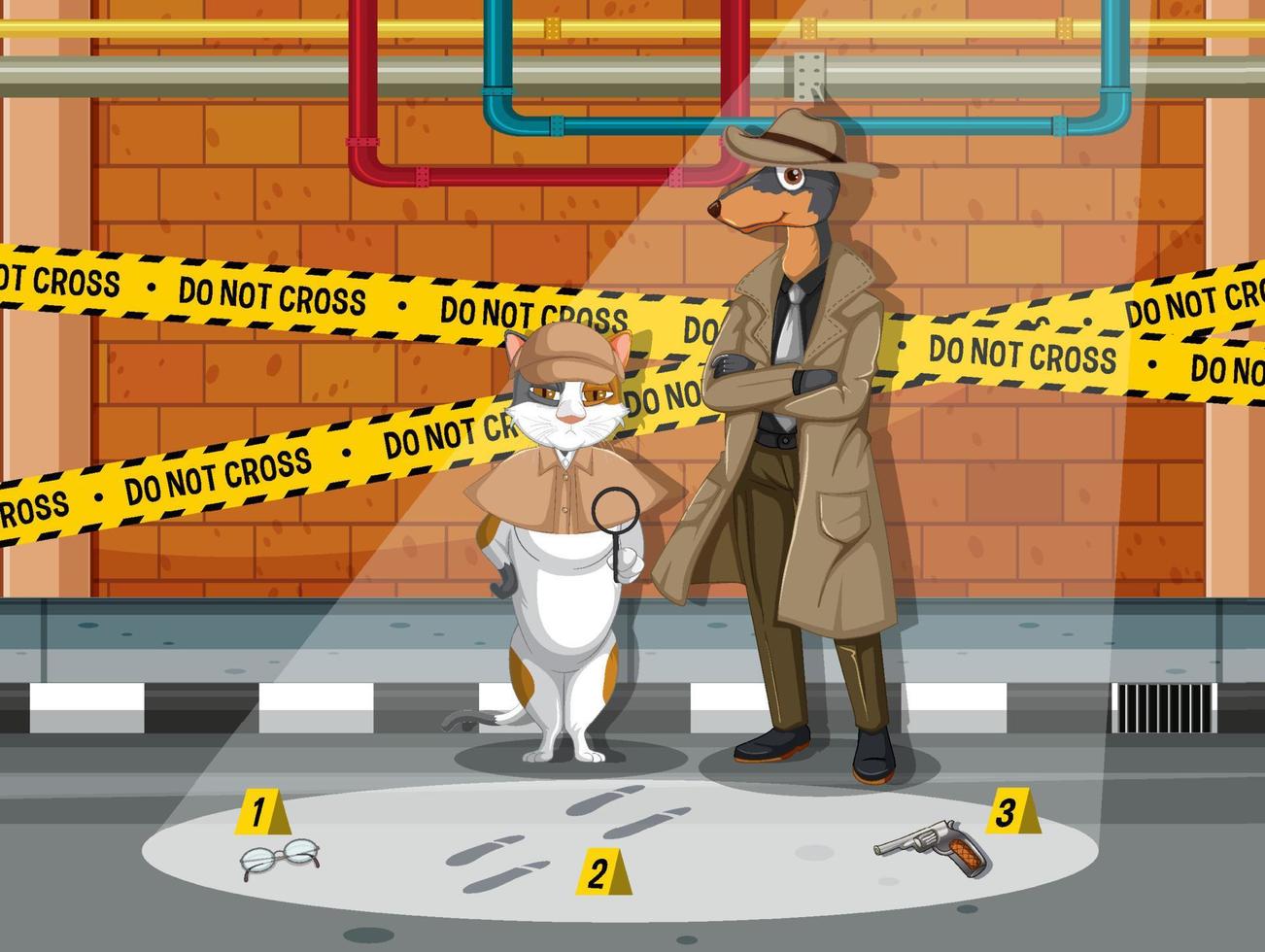 Detective cat and dog looking for clues in template vector