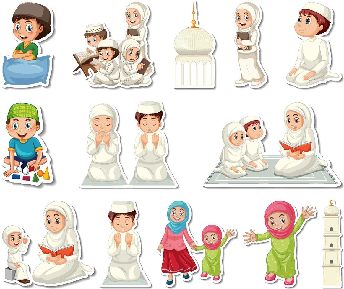 Sticker set of Islamic religious symbols and cartoon characters vector