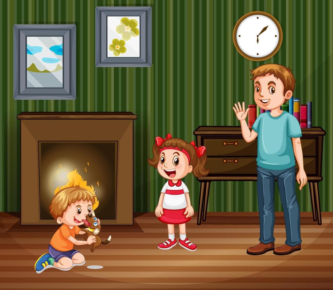 escena del hogar con la familia junto a la chimenea vector