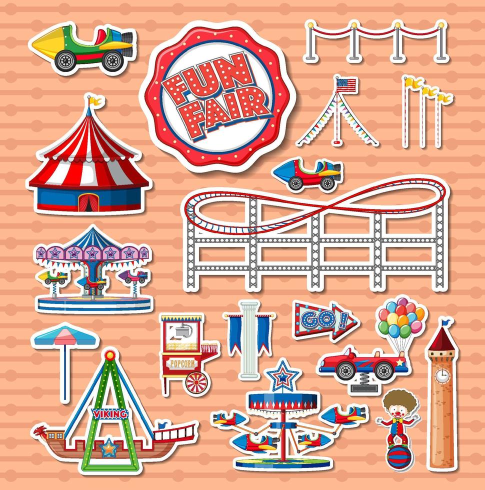 conjunto de pegatinas de objetos del parque de atracciones y personajes de dibujos animados vector